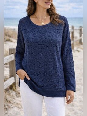 Chico’s‎ Blue Lace Top Women’s Size 3 XL Boho Tunic Long Sleeve